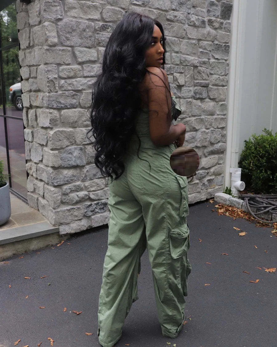 Spring New Design Solid Cargo Jumpsuit Fashion Multi Pockets Strapless Sexy One Piece Romper Women Jumpsuit