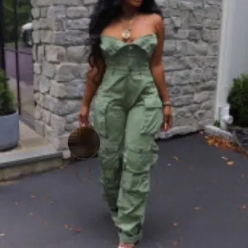 Spring New Design Solid Cargo Jumpsuit Fashion Multi Pockets Strapless Sexy One Piece Romper Women Jumpsuit