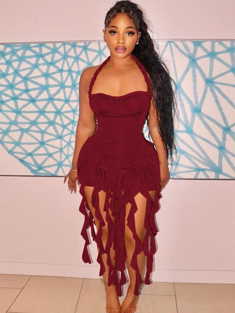 Women'S Plain Ribbon Halter Neck Ruffle Hem Bodycon Dress, Chic Backless Sleeveless Mini Dress for Party Club Dating Wear, Ladies Summer Clothes, Valentine'S Day Gift for Girl