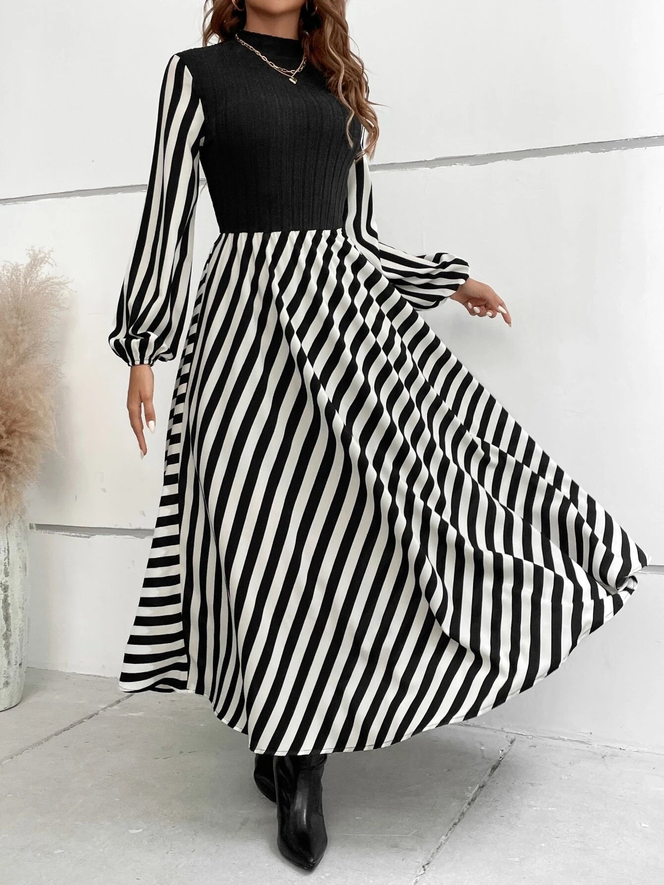 Chiquease Striped Mock Neck Lantern Sleeve Dress without Belt Maxi Women Outfit Fall Cloth for Women
