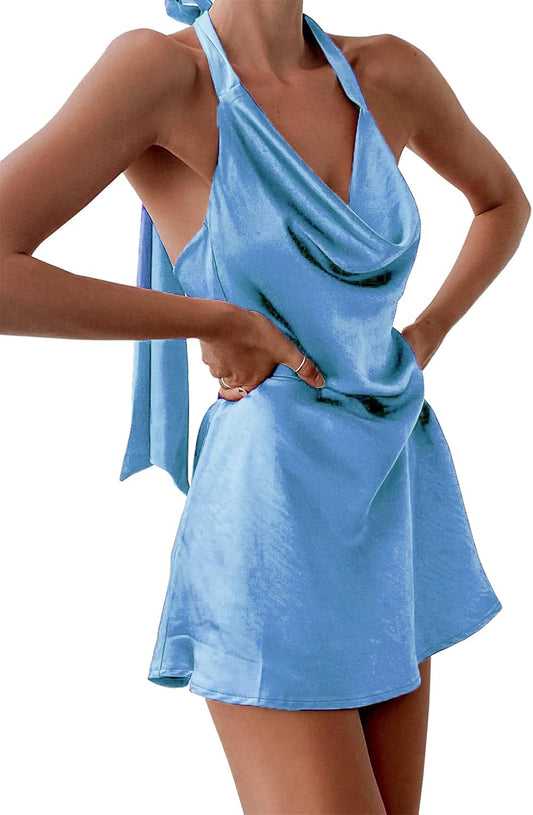 Women'S Cowl Neck Halterneck Slip on Backless Satin Mini Dress Sexy Silky Party Club Bodycon Dresses 0213
