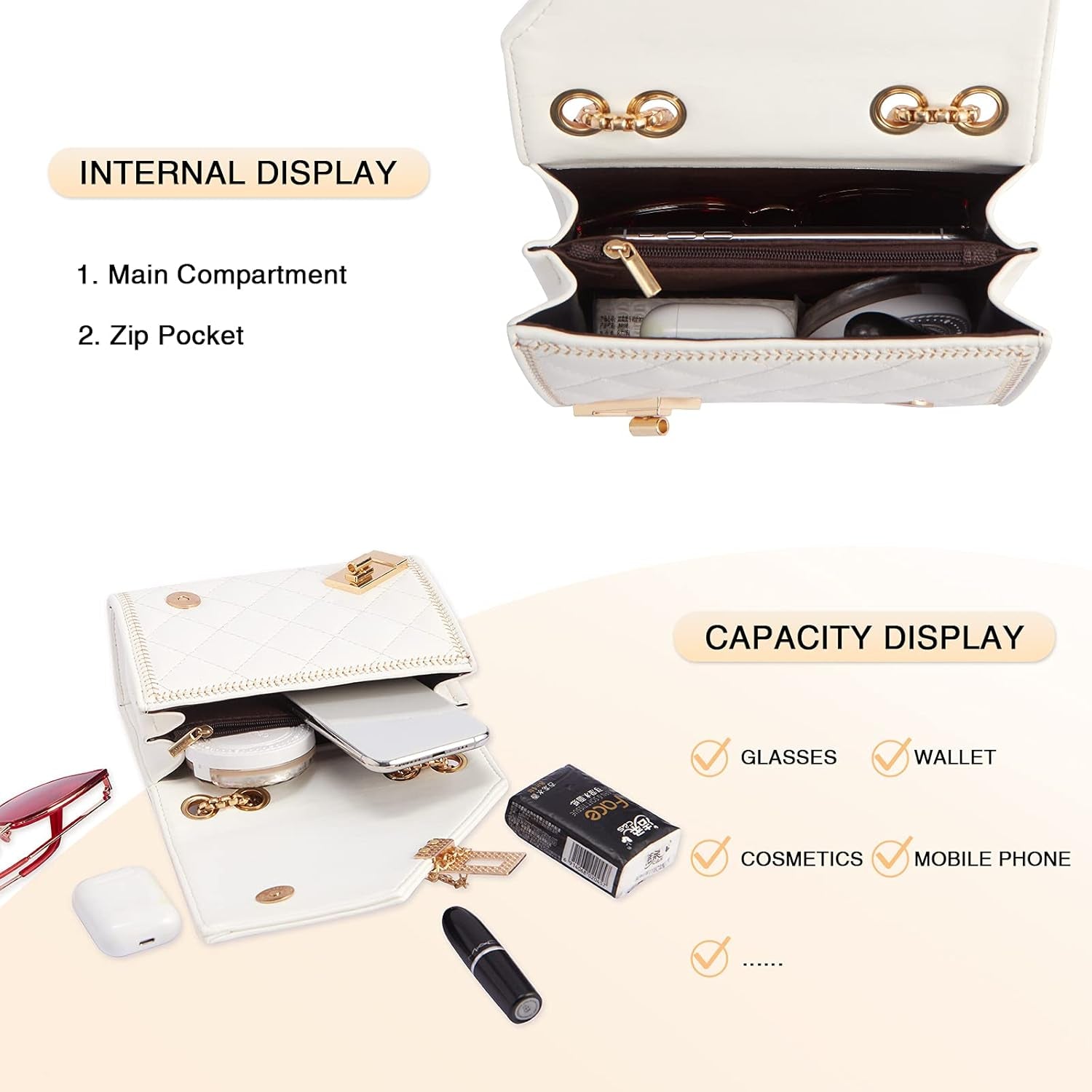 Quilted Crossbody Bag for Women - Leather Shoulder Bag Fashion Chain Small Purse