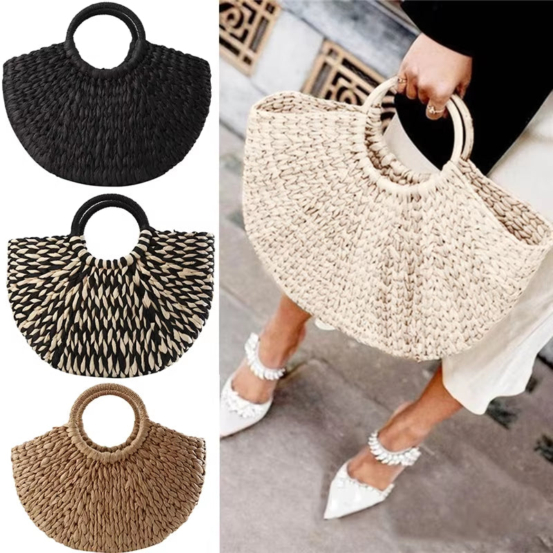 Women New Imitation Straw Handbags Woman Handmade Woven Basket Rattan Handbag for Femme Ladies Simple All-Match Handbag
