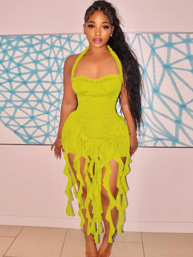 Women'S Plain Ribbon Halter Neck Ruffle Hem Bodycon Dress, Chic Backless Sleeveless Mini Dress for Party Club Dating Wear, Ladies Summer Clothes, Valentine'S Day Gift for Girl