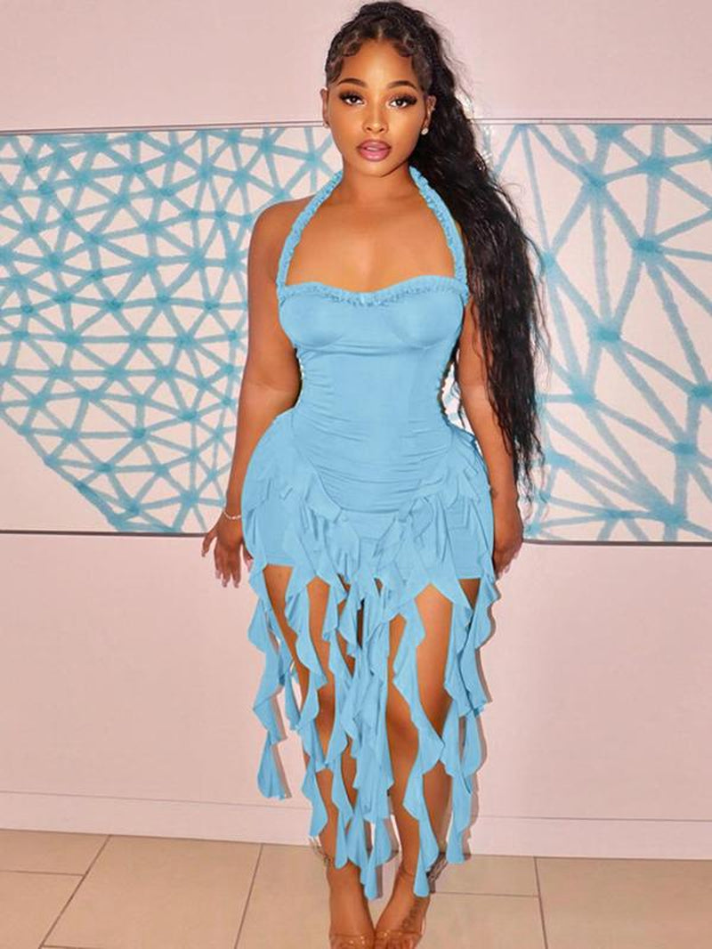 Women'S Plain Ribbon Halter Neck Ruffle Hem Bodycon Dress, Chic Backless Sleeveless Mini Dress for Party Club Dating Wear, Ladies Summer Clothes, Valentine'S Day Gift for Girl