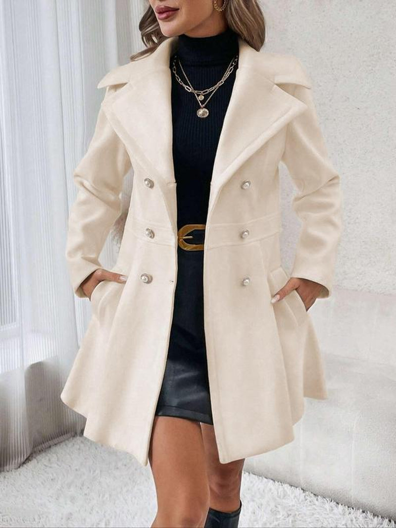 Women'S Solid Color Double Button Lapel Coat, Elegant Fashion Long Sleeve Pocket Design Coat for Daily Outdoor Wear, Women Clothing for Fall & Winter