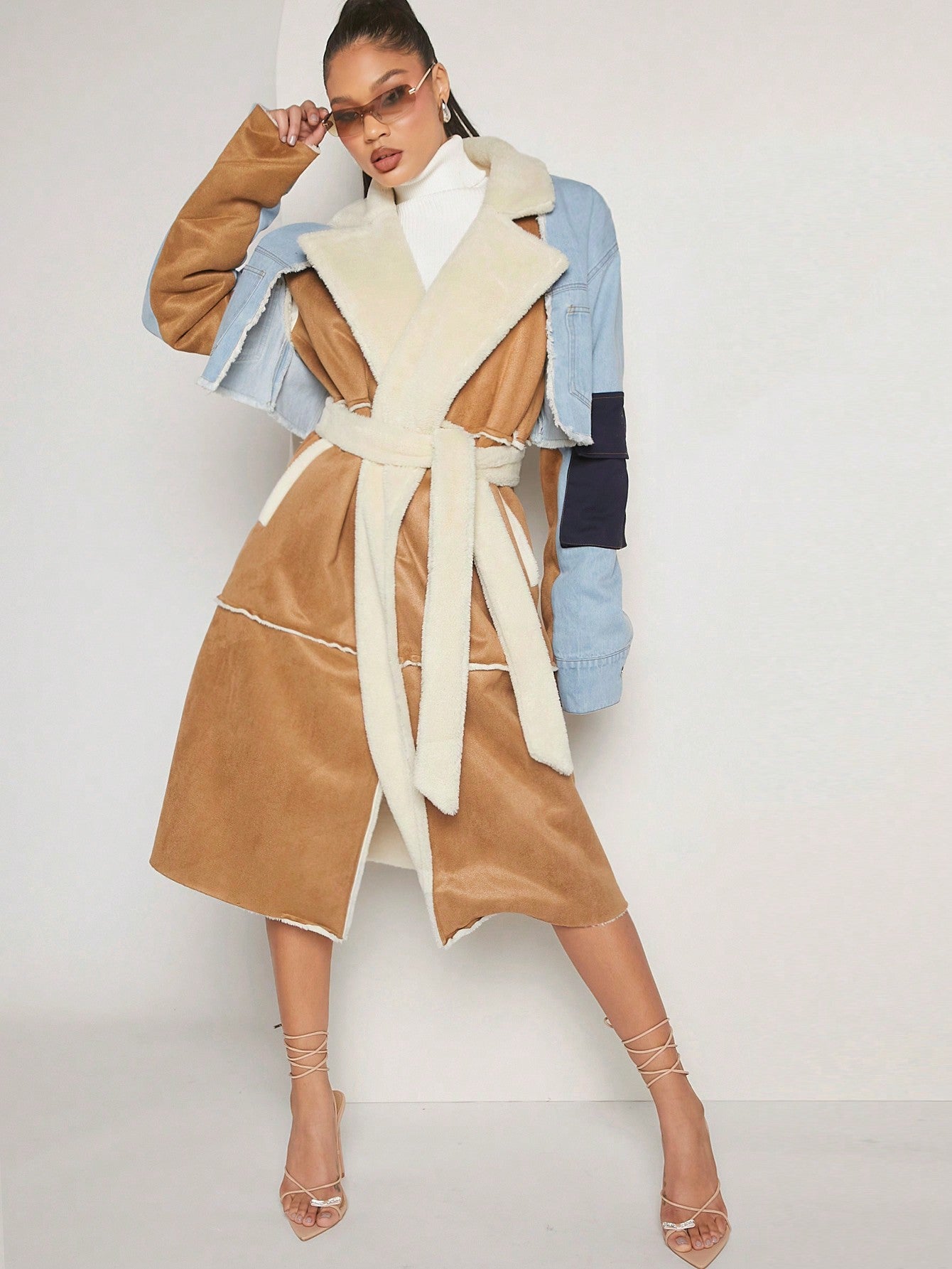 Hauture Colorblock Lapel Neck Belted Coat