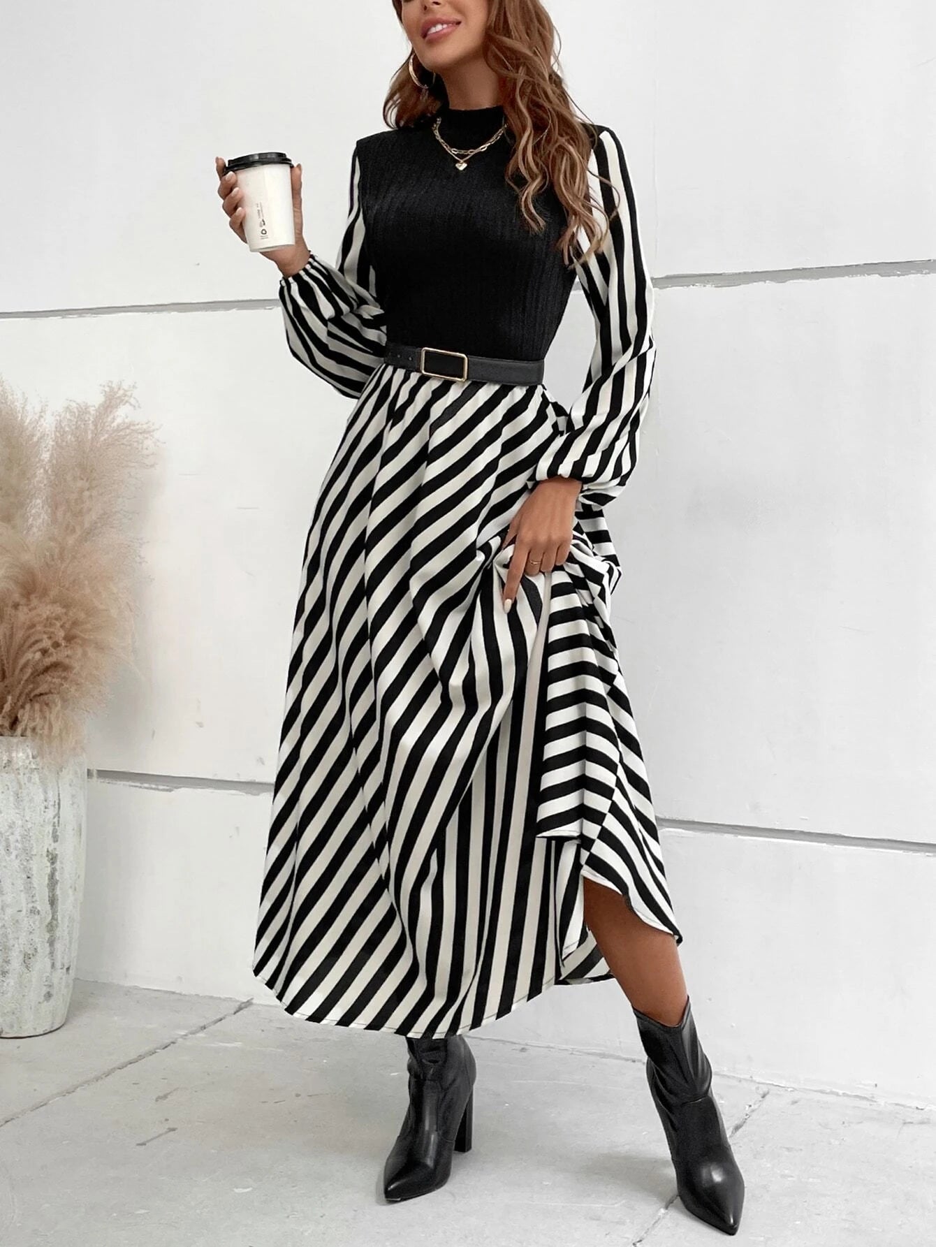 Chiquease Striped Mock Neck Lantern Sleeve Dress without Belt Maxi Women Outfit Fall Cloth for Women