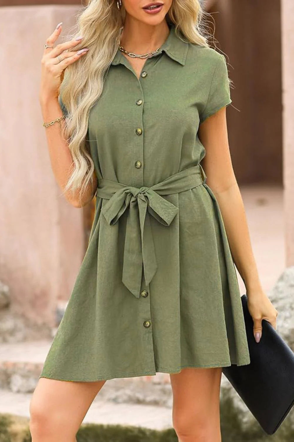 Tied Button up Short Sleeve Dress