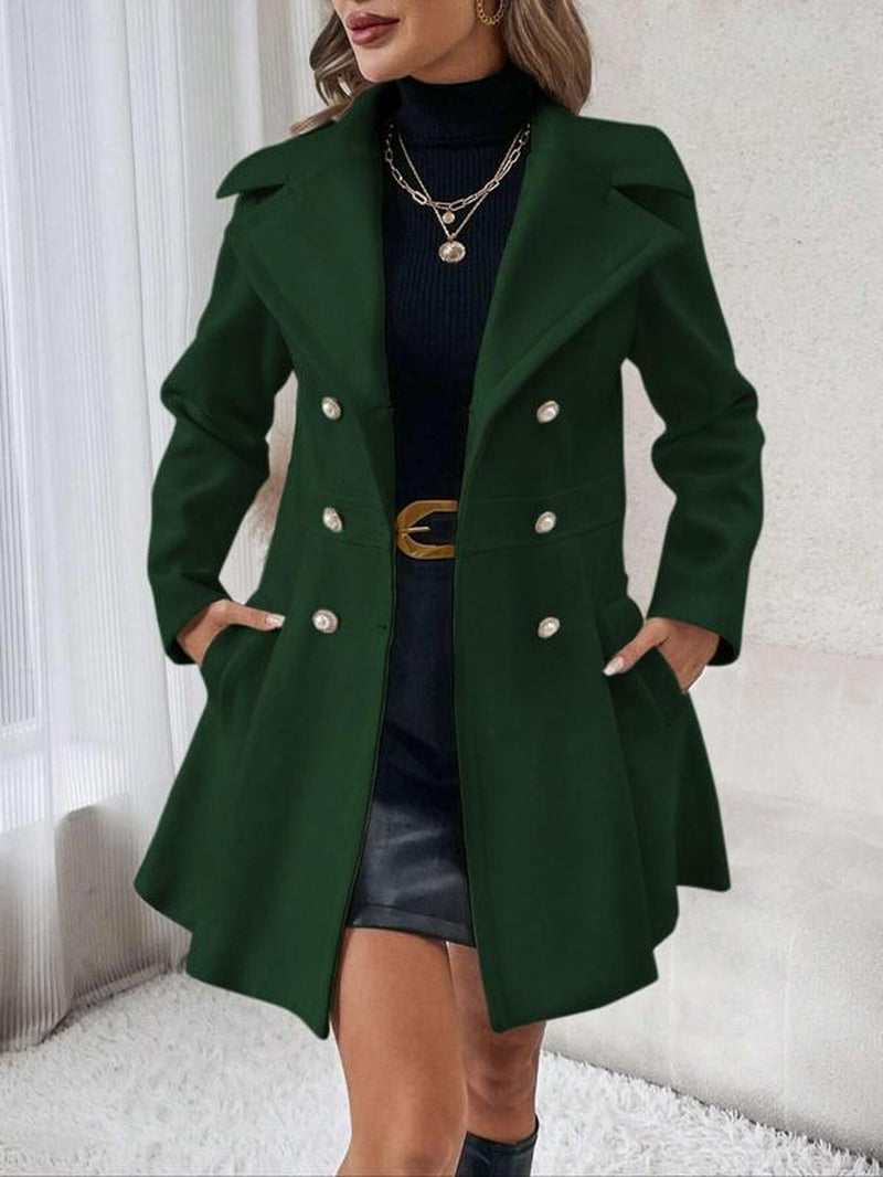 Women'S Solid Color Double Button Lapel Coat, Elegant Fashion Long Sleeve Pocket Design Coat for Daily Outdoor Wear, Women Clothing for Fall & Winter