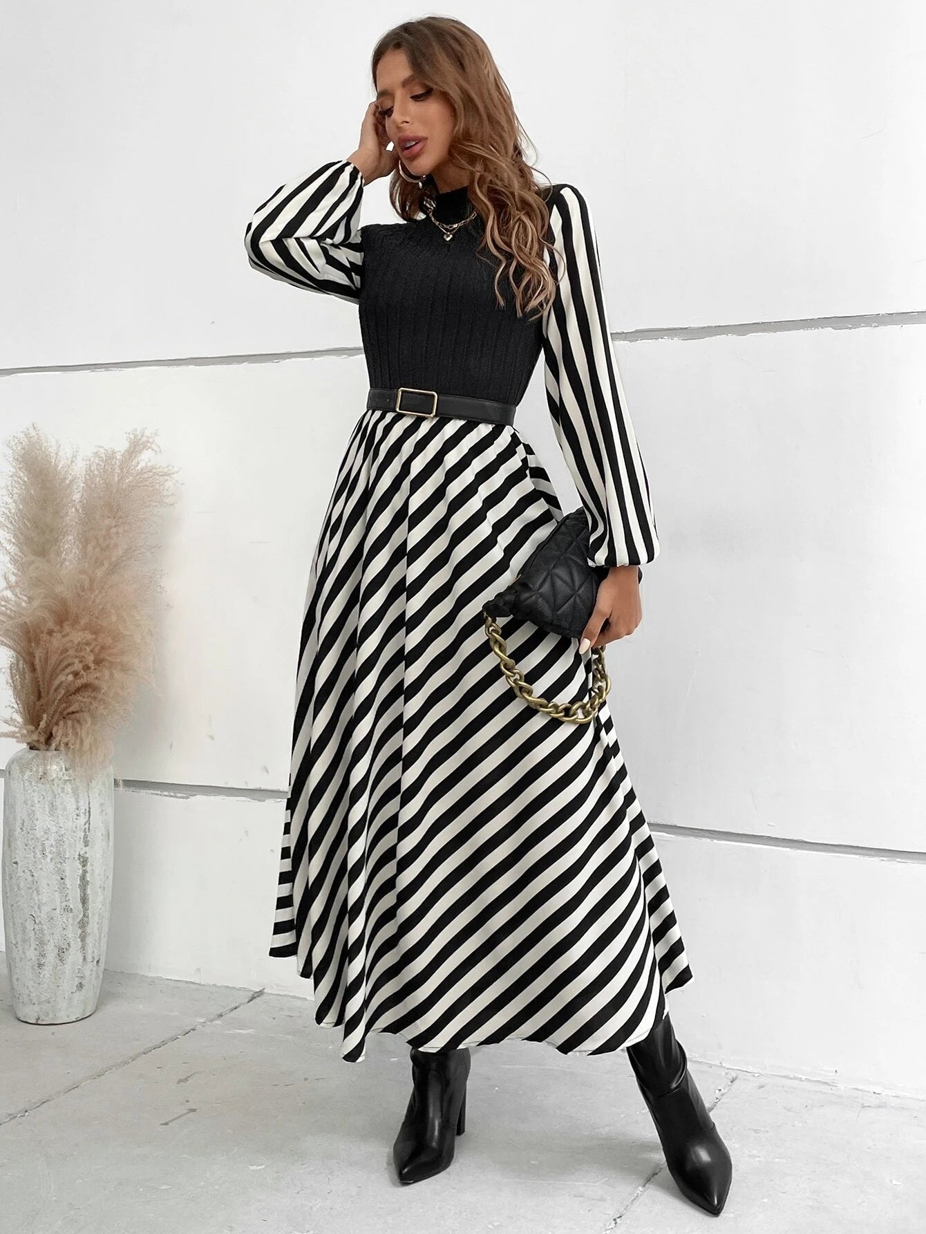 Chiquease Striped Mock Neck Lantern Sleeve Dress without Belt Maxi Women Outfit Fall Cloth for Women