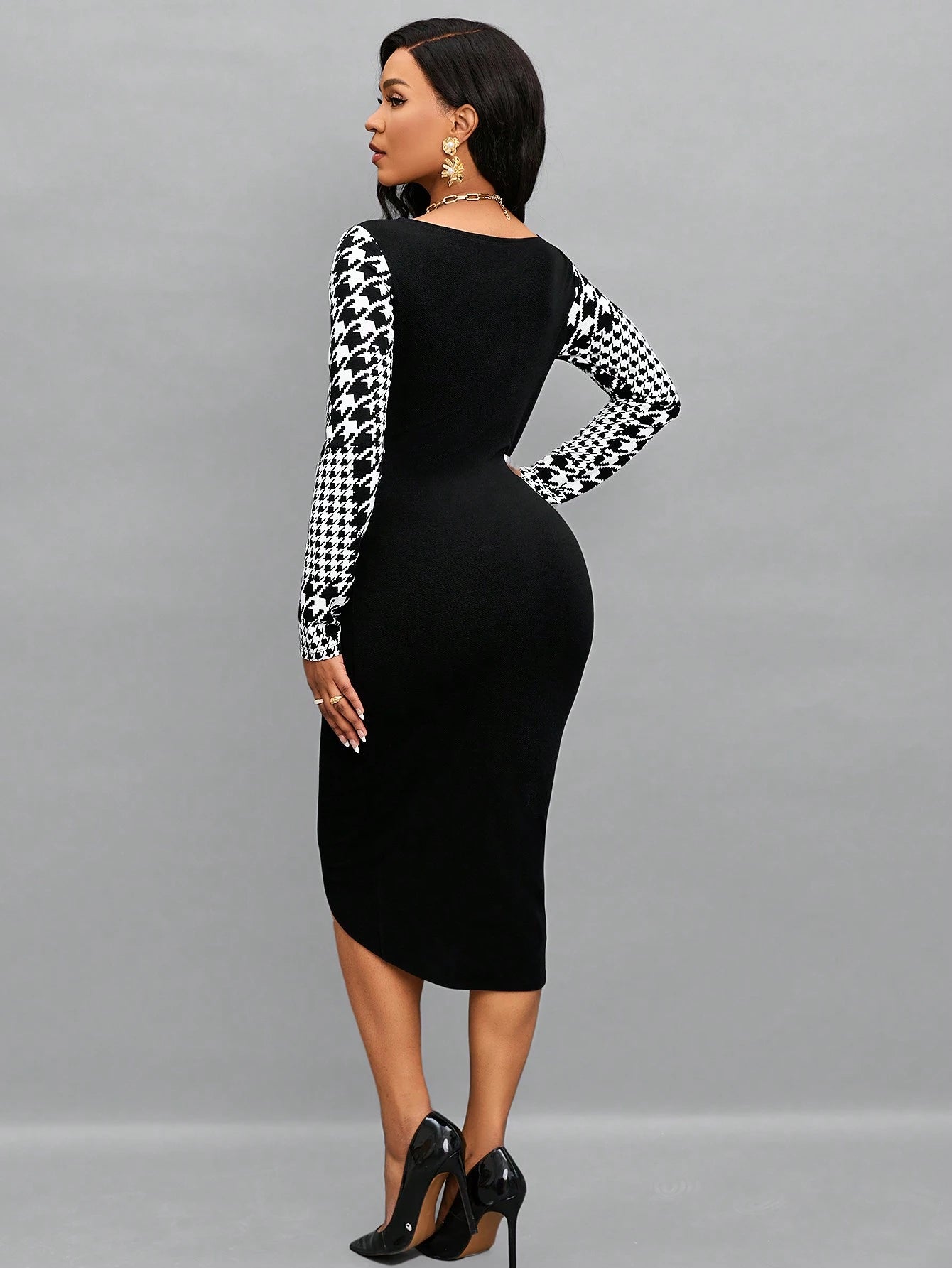 Lady Office Dress Houndstooth Print Asymmetrical Hem Bodycon Dress