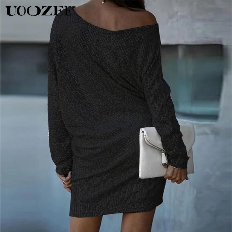 UOOZEE Women A-Line Loose Asymmetric Sequined Solid Color One-Shoulder Mini Dresses Short Dresses Summer Multicolor Polyester Casual Wear Basic Birthday Outfit Elegantoutfits