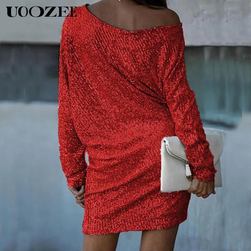UOOZEE Women A-Line Loose Asymmetric Sequined Solid Color One-Shoulder Mini Dresses Short Dresses Summer Multicolor Polyester Casual Wear Basic Birthday Outfit Elegantoutfits
