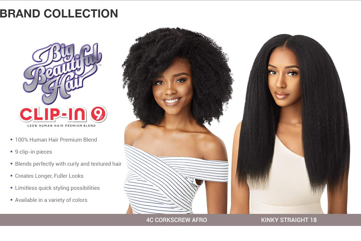 Human Hair Premium Blend Clip-In Big Beautiful Kinky Straight 18" 9Pcs (NBLK)