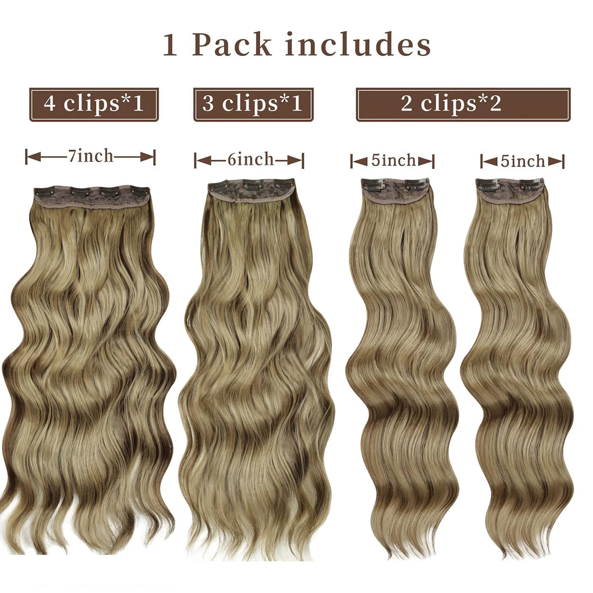 Clip in Hair Extensions 4PCS Thick Hairpieces Brown Highlight Blonde Long Wavy Curly Synthetic Hair Extensions for Women 23In