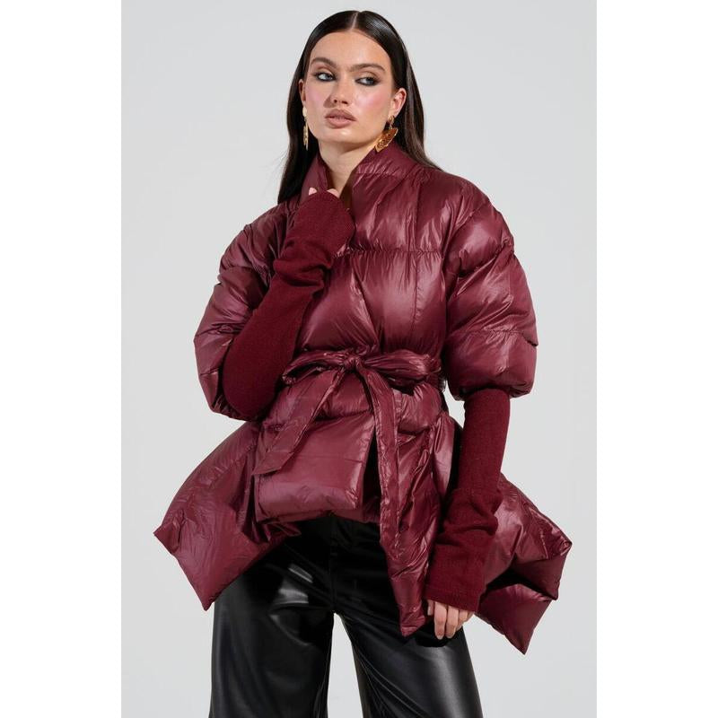 RIB SLEEVE PEPLUM PUFFER in BURGUNDY