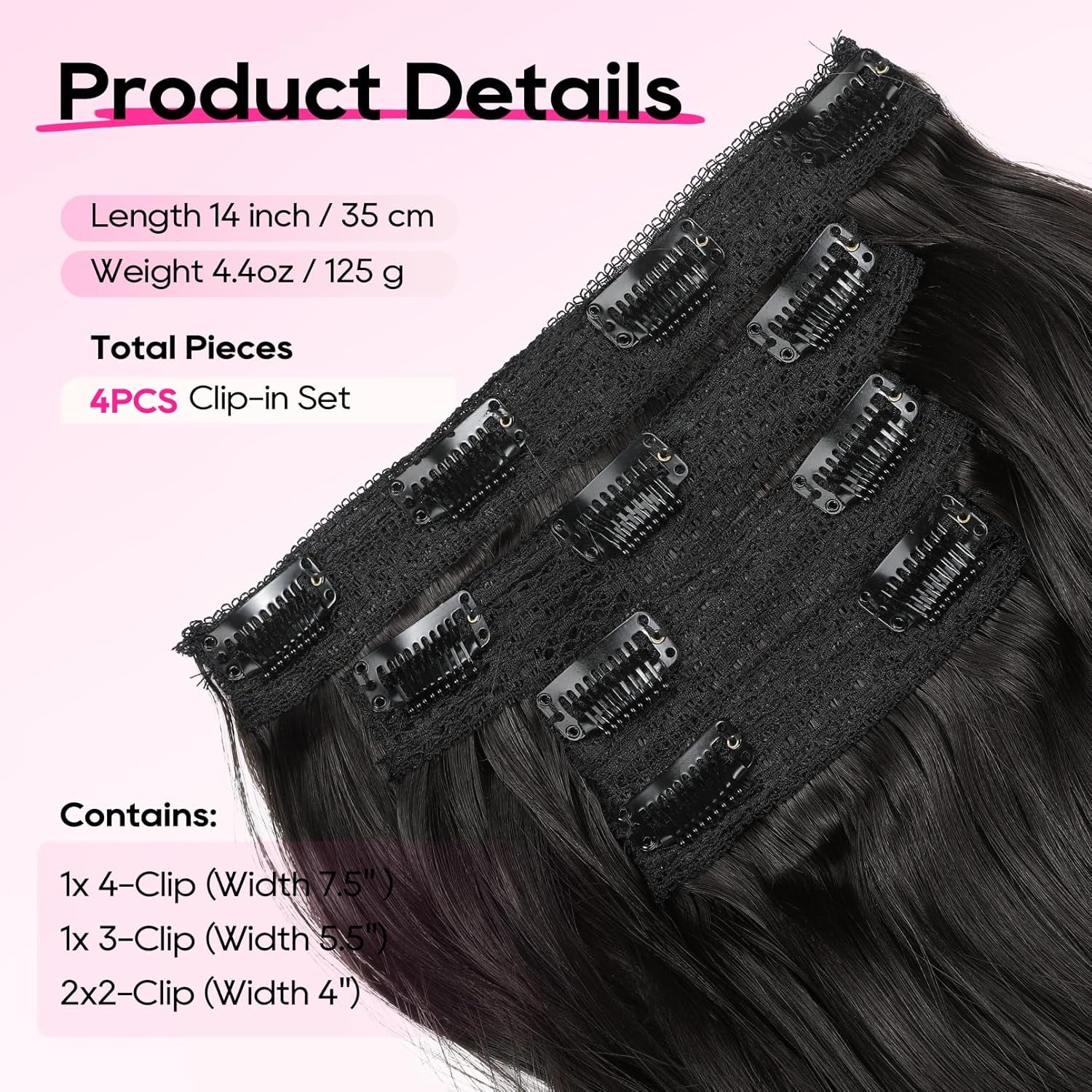 Clip in Hair Extensions - 4PCS 14" Short Beach Wavy Hairpieces, Invisible Lace Weft, Natural Soft Hair for Women (Black Brown)