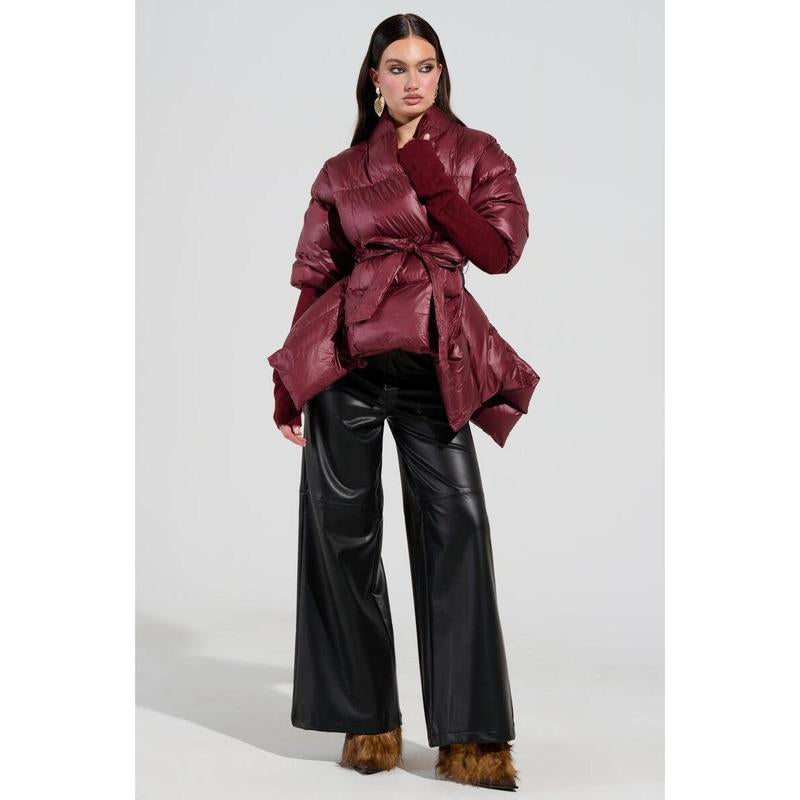 RIB SLEEVE PEPLUM PUFFER in BURGUNDY
