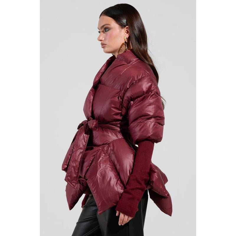 RIB SLEEVE PEPLUM PUFFER in BURGUNDY