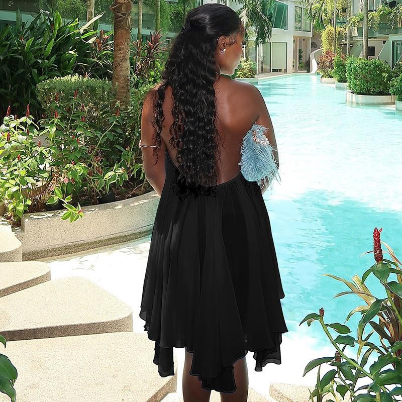 Dreamy Sleeveless Halter Mini Dress with Multiple Layers Solid Color Loose a Line Dress for Women'S 2025 Fall New Arrival Casual Elegant Outfit Parties & Dates, Feminine & Trendy Gown Dresses