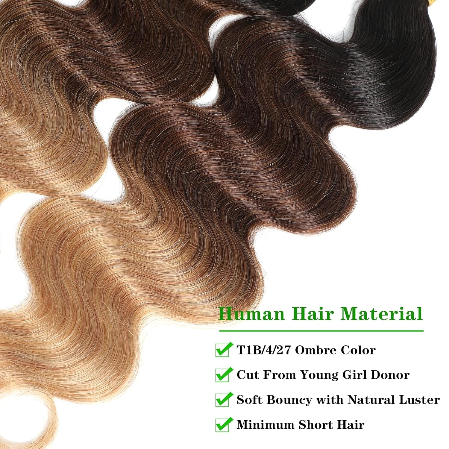 10A Ombre Human Hair Bundles Ombre Brazilian Hair Body Wave (T1B/4/27,18" 20" 22") Ombre Brazilian Human Hair Virgin Remy Hair Bundles 3 Tone Black to Blonde Human Hair Weave