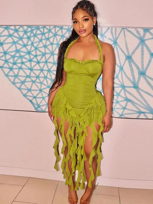 Women'S Plain Ribbon Halter Neck Ruffle Hem Bodycon Dress, Chic Backless Sleeveless Mini Dress for Party Club Dating Wear, Ladies Summer Clothes, Valentine'S Day Gift for Girl