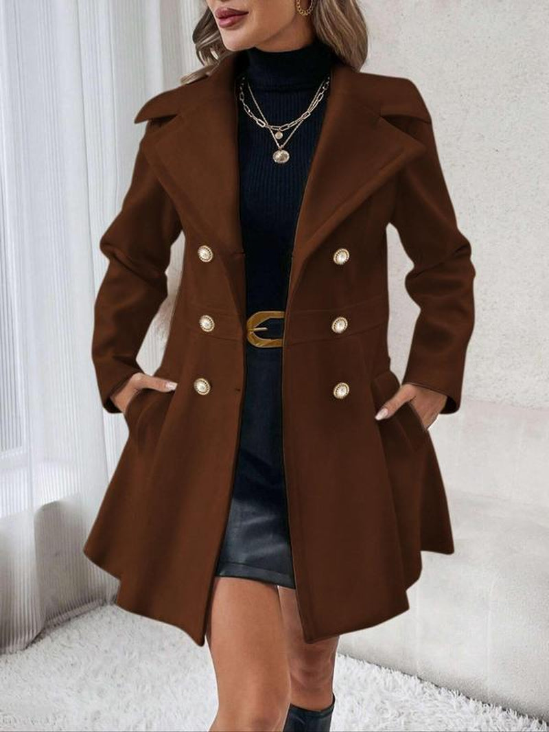 Women'S Solid Color Double Button Lapel Coat, Elegant Fashion Long Sleeve Pocket Design Coat for Daily Outdoor Wear, Women Clothing for Fall & Winter
