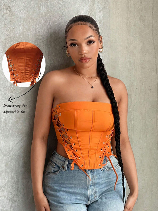 SXY Lace up Front Bandana Hem Tube Top