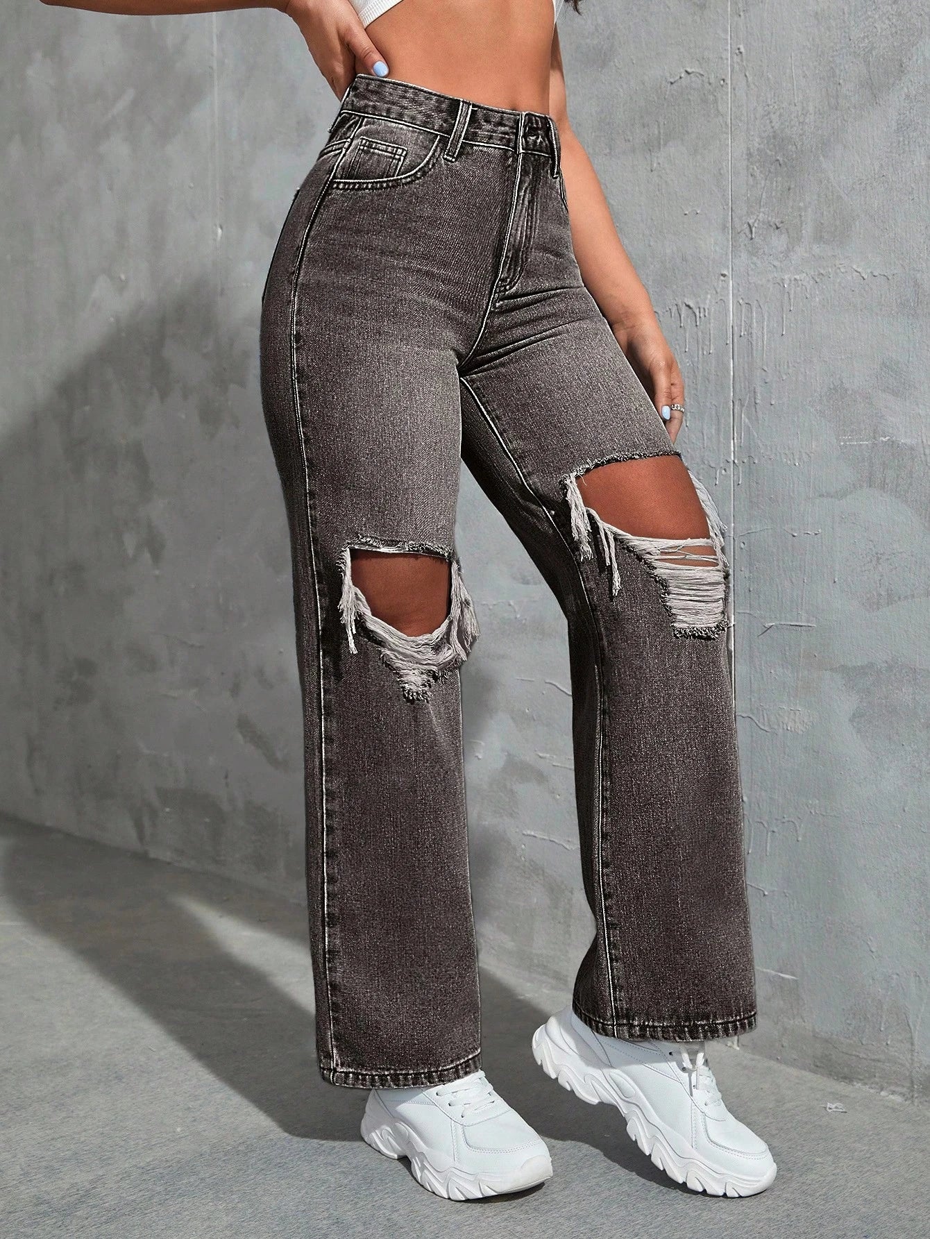 SHEIN Ezwear Cut Out Ripped Jeans