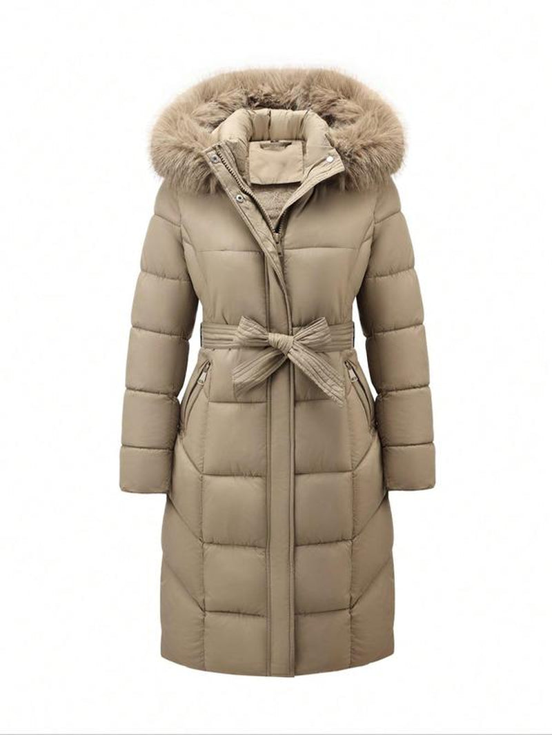 Women'S Fall Winter Hooded Jacket, Casual Fitted Warm Coat with Belt, Long Sleeve Thick Woven Fabric, Daily Wear Outerwear