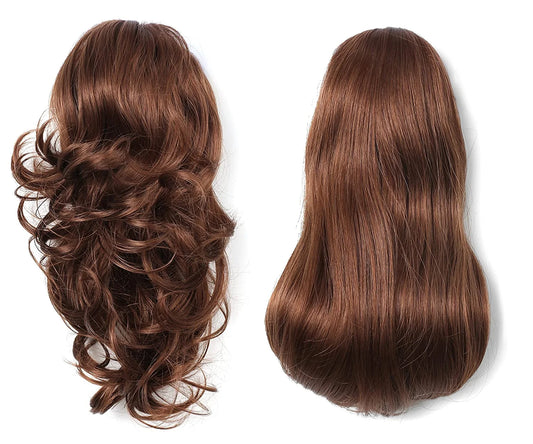 15" Synthetic Fiber Curly Ponytail Hair Extension Hairpiece with Clip-In Jaw Clips, Dual-Use Hair Extensions (30#-Reddish Brown)