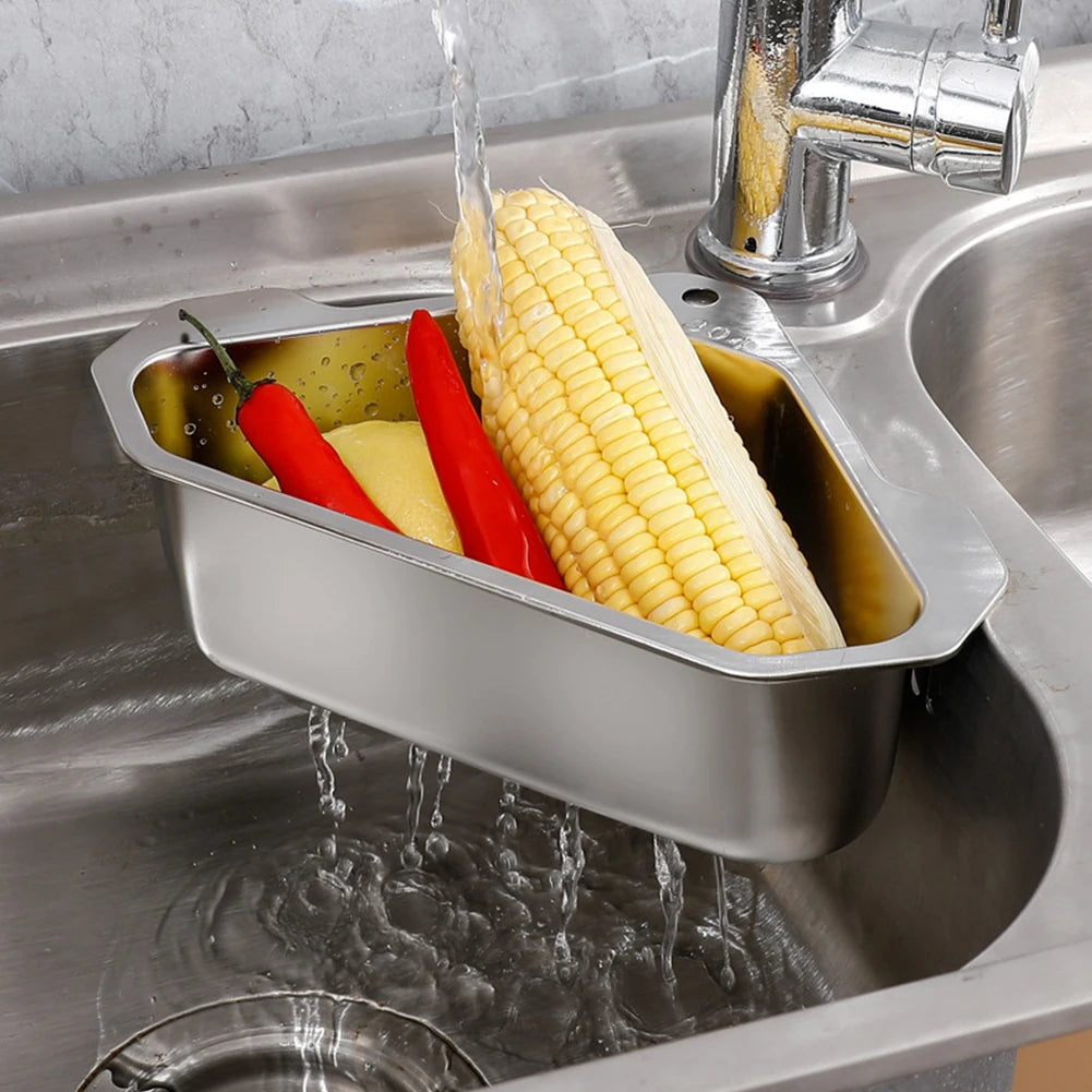 Stainless Steel Triangle Drain Basket Kitchen Sink Filter Shelf Fruit Vegetable Drainer Storage Rack Basket Bar with Suction Cup