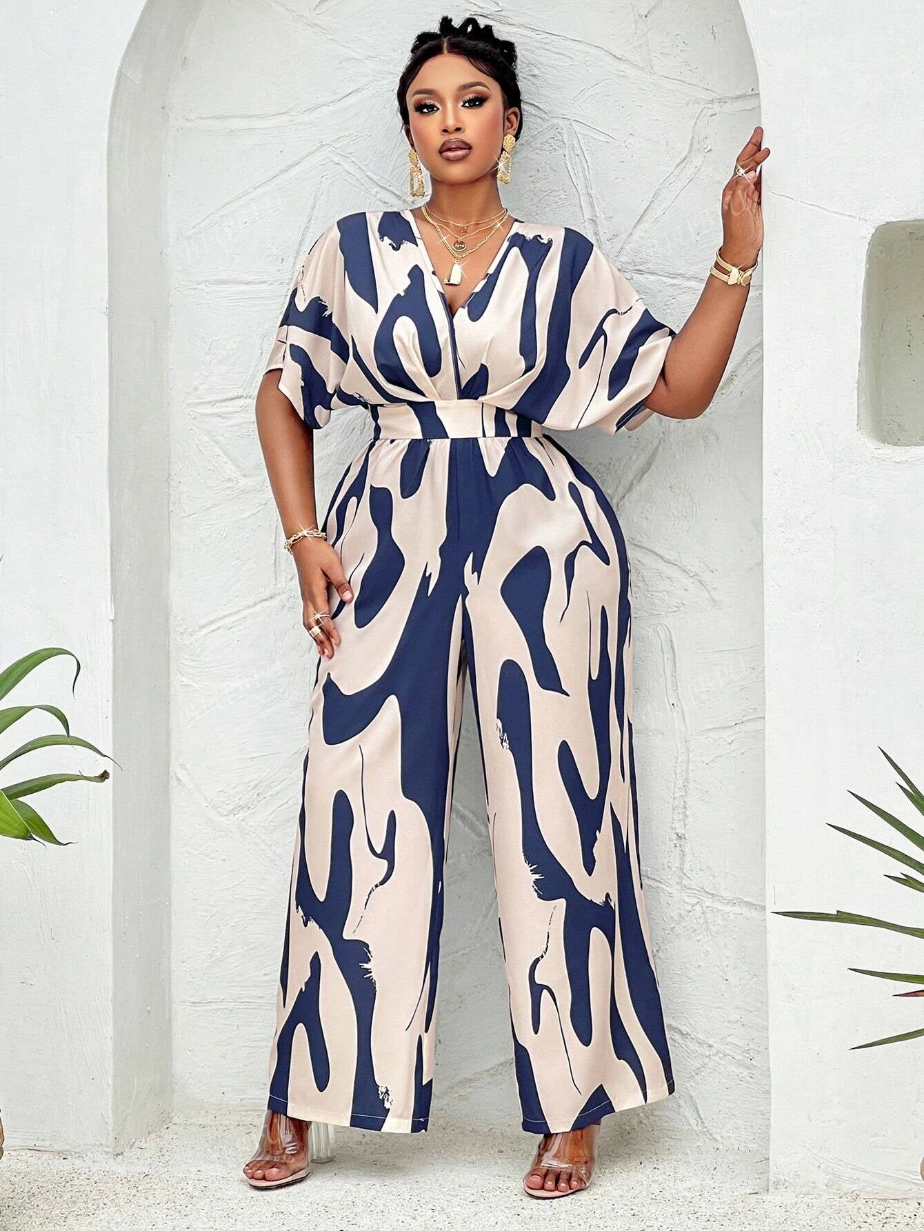 BIUBIU Women'S plus Size Elegant Deep V Batwing Sleeve Waist-Cinched Wide Leg Jumpsuit Vacation Casual Fashion Long Romper Random Graphic