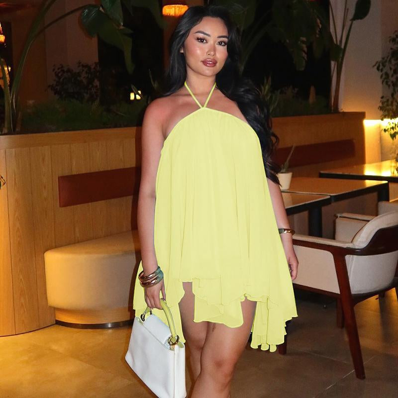 Dreamy Sleeveless Halter Mini Dress with Multiple Layers Solid Color Loose a Line Dress for Women'S 2025 Fall New Arrival Casual Elegant Outfit Parties & Dates, Feminine & Trendy Gown Dresses