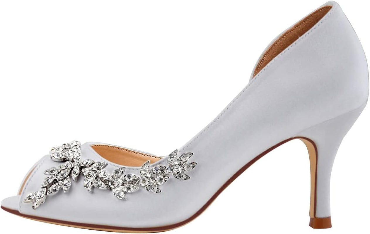 Wedding Heels for Women Peep Toe Wedding Shoes for Bride High Heel Pumps Rhinestones Bridal Shoes Satin Evening Party Prom Dress Pumps