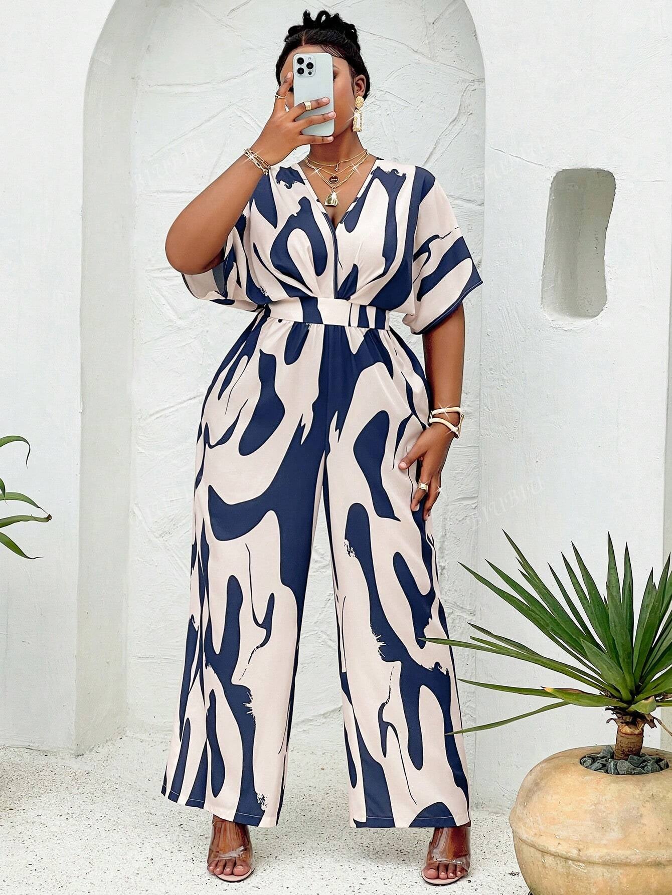 BIUBIU Women'S plus Size Elegant Deep V Batwing Sleeve Waist-Cinched Wide Leg Jumpsuit Vacation Casual Fashion Long Romper Random Graphic
