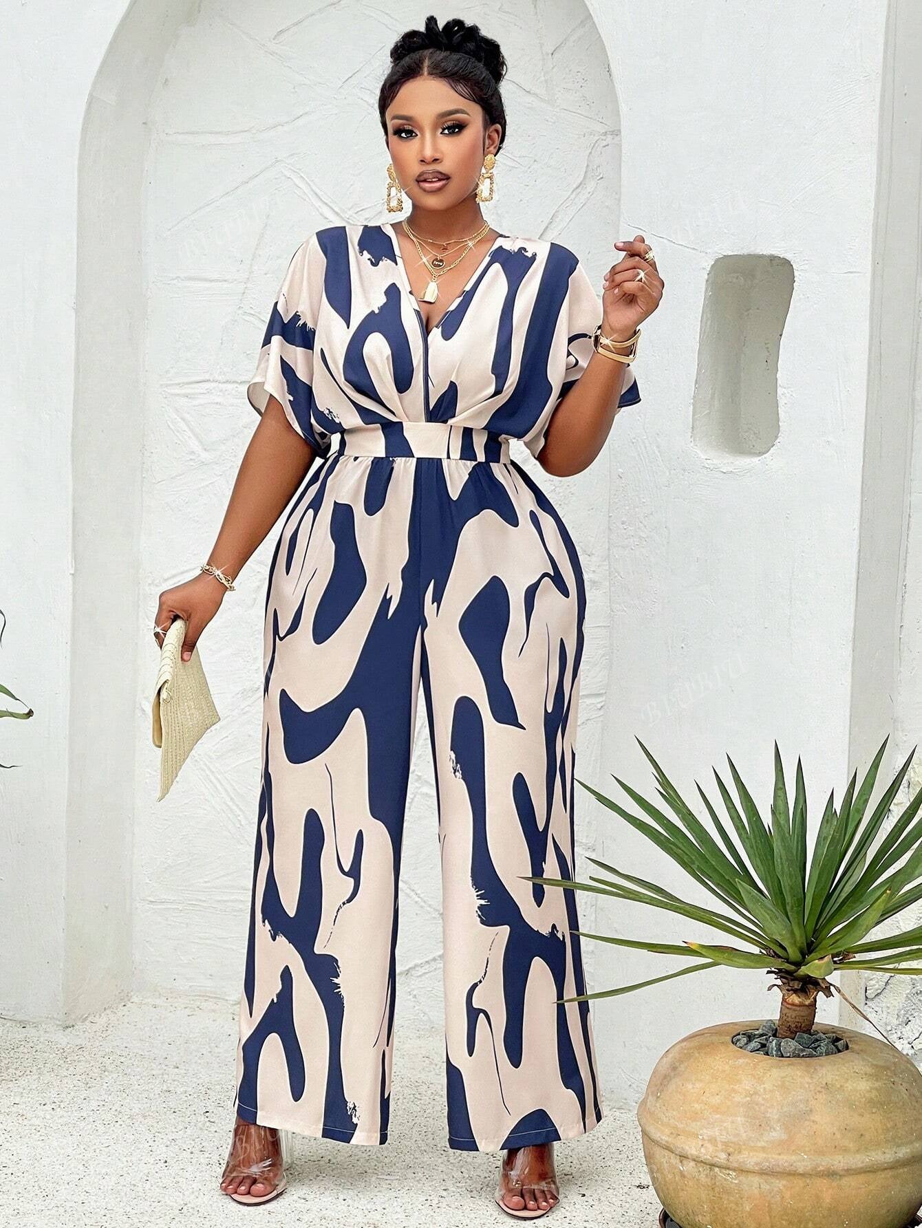 BIUBIU Women'S plus Size Elegant Deep V Batwing Sleeve Waist-Cinched Wide Leg Jumpsuit Vacation Casual Fashion Long Romper Random Graphic