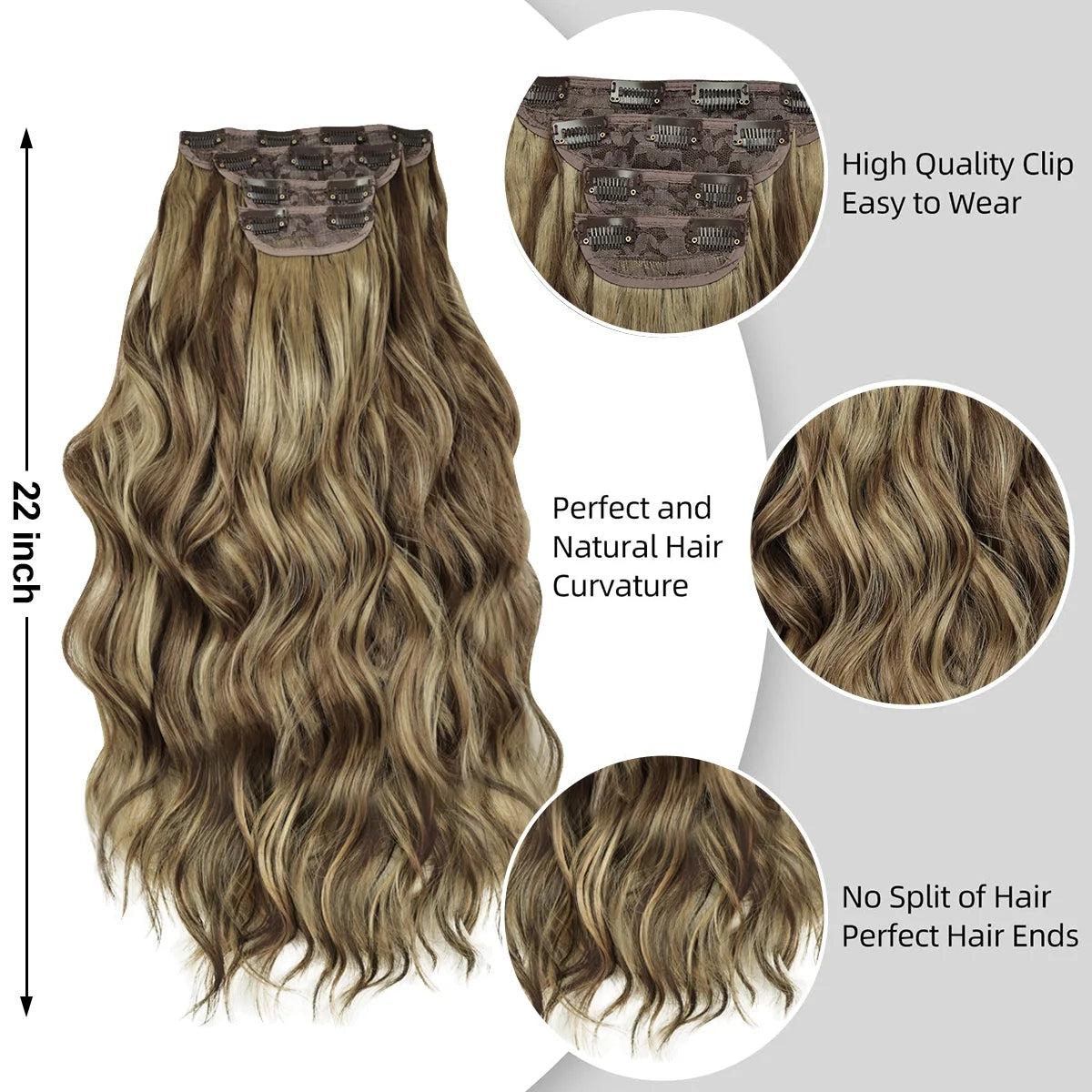 Clip in Hair Extensions 4PCS Thick Hairpieces Brown Highlight Blonde Long Wavy Curly Synthetic Hair Extensions for Women 23In