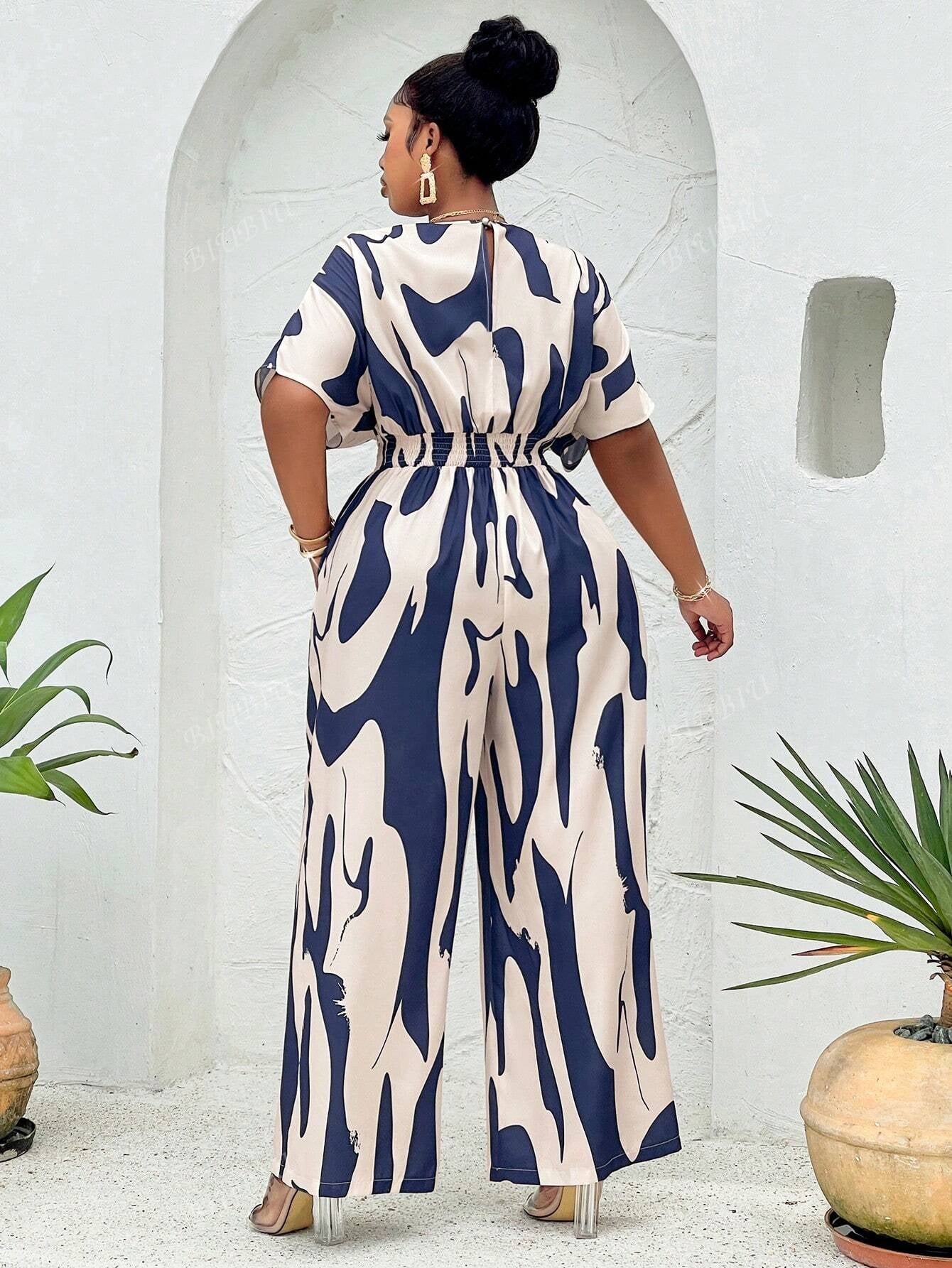 BIUBIU Women'S plus Size Elegant Deep V Batwing Sleeve Waist-Cinched Wide Leg Jumpsuit Vacation Casual Fashion Long Romper Random Graphic