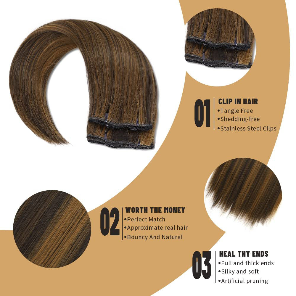 Straight Hair Extensions Clip in Long Synthetic Hair Extensions 20 Inches Thick Hairpieces for Women (20 Inch, St-Dark Brown Mix Chestnut Blonde)