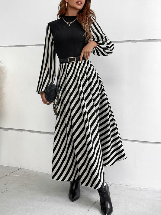Chiquease Striped Mock Neck Lantern Sleeve Dress without Belt Maxi Women Outfit Fall Cloth for Women