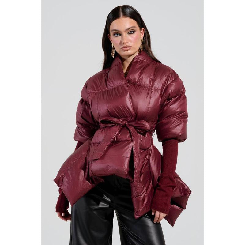 RIB SLEEVE PEPLUM PUFFER in BURGUNDY