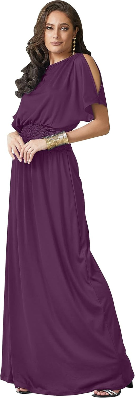 Womens Split Sleeves Smocked Elegant Cocktail Long Maxi Dress