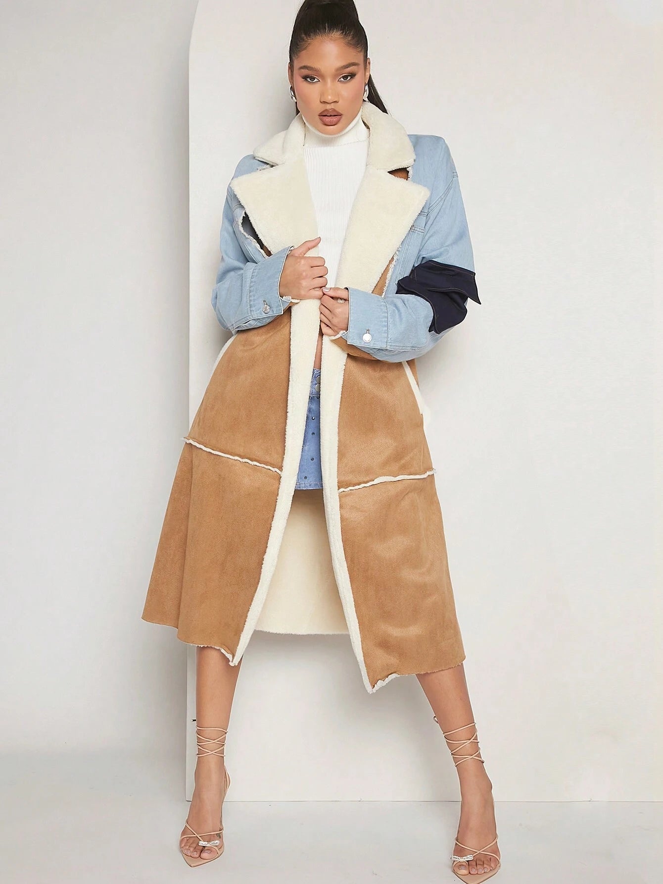Hauture Colorblock Lapel Neck Belted Coat