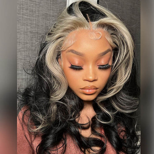 Highlight Lace Front Wigs Human Hair Short Lace Frontal Wigs for Black Women Skunk Stripe Ombre 613 Blonde Color Loose Body Wave Human Hair Wigs with Transparent Lace (12 Inch, Natural Color with Blonde Highlights)