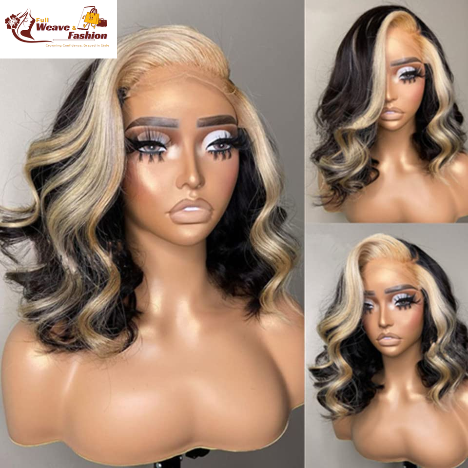 Highlight Lace Front Wigs Human Hair Short Lace Frontal Wigs for Black Women Skunk Stripe Ombre 613 Blonde Color Loose Body Wave Human Hair Wigs with Transparent Lace (12 Inch, Natural Color with Blonde Highlights)