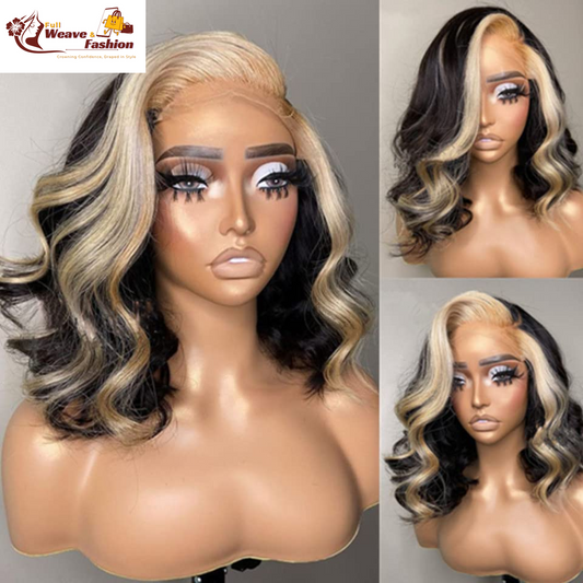 Highlight Lace Front Wigs Human Hair Short Lace Frontal Wigs for Black Women Skunk Stripe Ombre 613 Blonde Color Loose Body Wave Human Hair Wigs with Transparent Lace (12 Inch, Natural Color with Blonde Highlights)