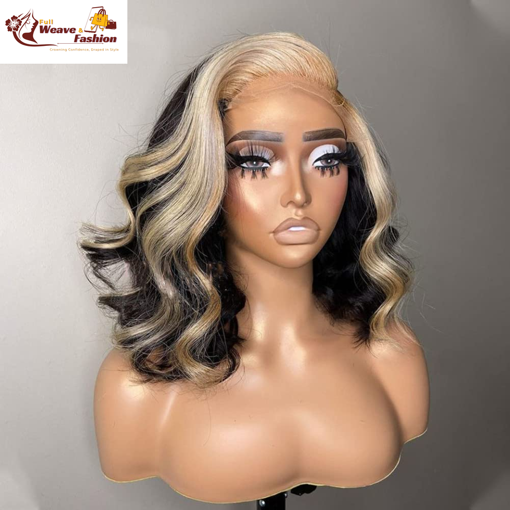 Highlight Lace Front Wigs Human Hair Short Lace Frontal Wigs for Black Women Skunk Stripe Ombre 613 Blonde Color Loose Body Wave Human Hair Wigs with Transparent Lace (12 Inch, Natural Color with Blonde Highlights)