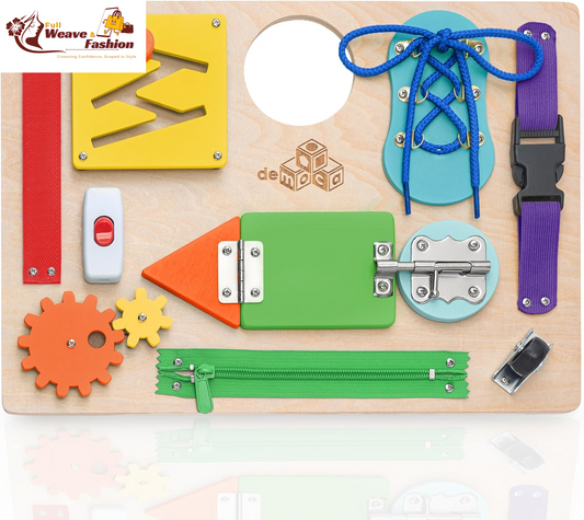 Sensory Busy Board for Toddlers, Premium Wooden Toddler Busy Board for 1 2 3 Year Old with 10 Educational Activities for Fine Motor Skills, Fidget Activity Toy for Travel Toy (Multicolored - Large)